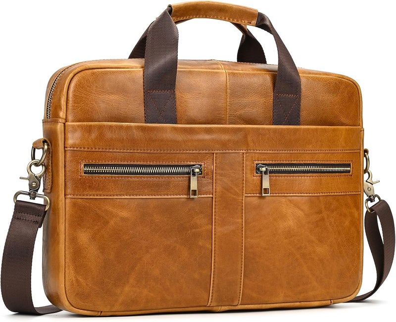 SAIION Genuine Leather Briefcase for Men, Laptop Computer Shoulder Bag With Strap, 15.6 Inch Business Travel Work Handbag - Image 1